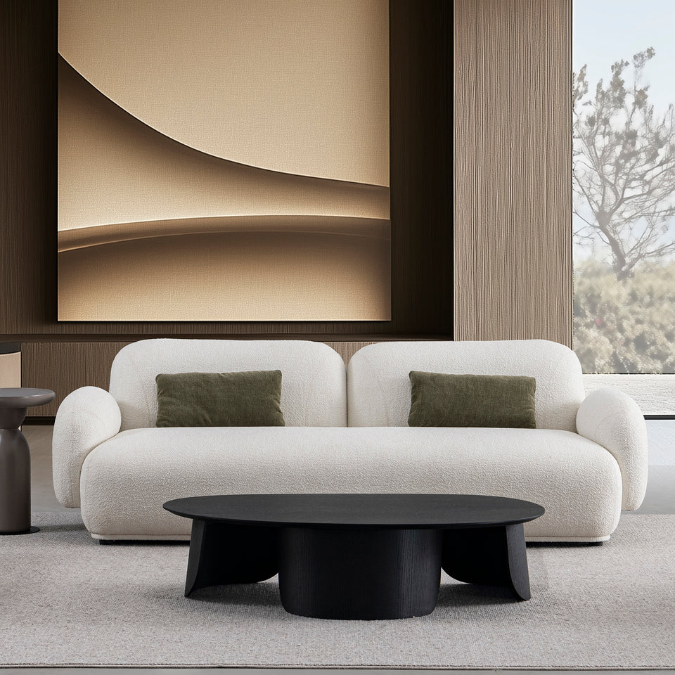 Cream boucle fabric 3 seater sofa pluum primary product view.