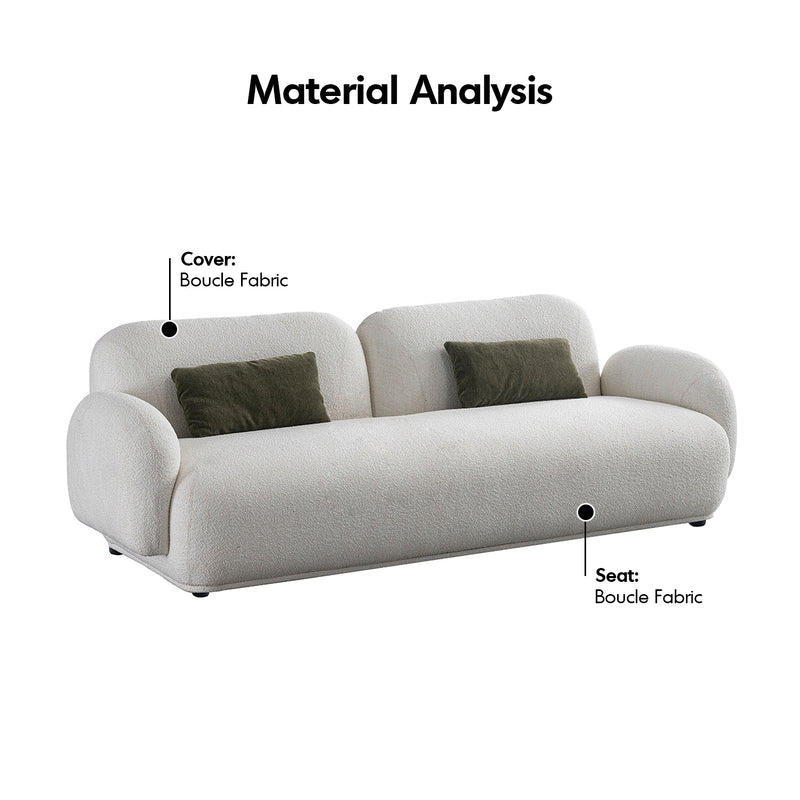 Cream boucle fabric 3 seater sofa pluum in details.