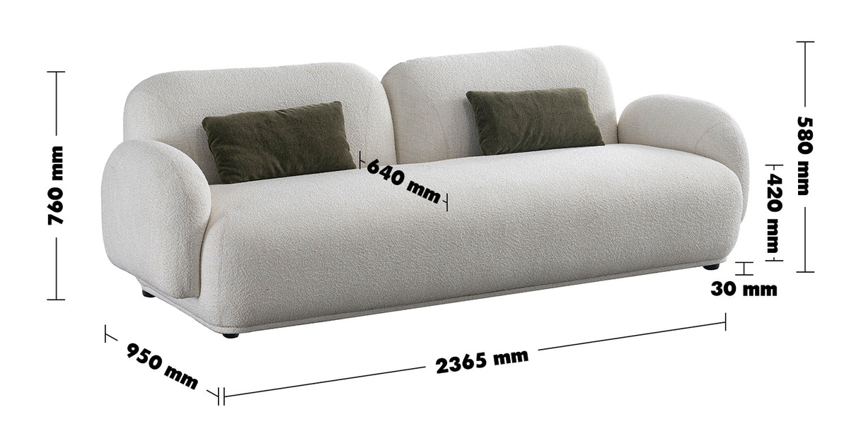 Cream Boucle Fabric 3 Seater Sofa PLUUM Size Chart