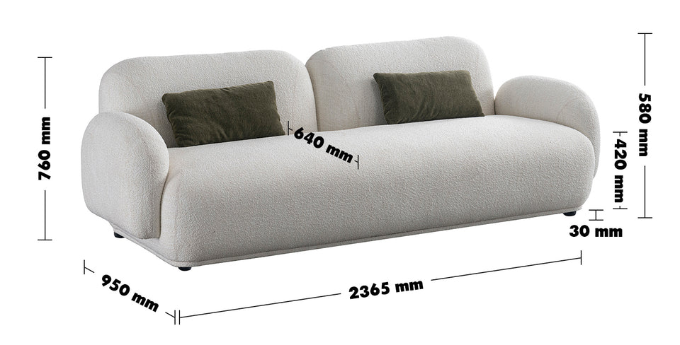 Cream Boucle Fabric 3 Seater Sofa PLUUM Size Chart