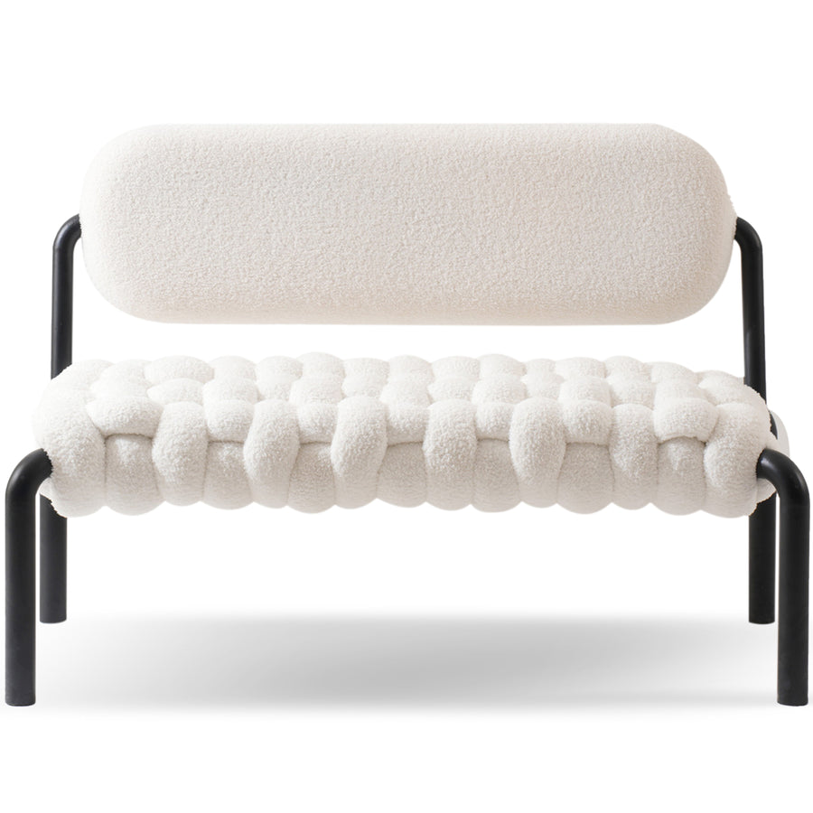 Cream boucle fabric dining bench souffle in white background.