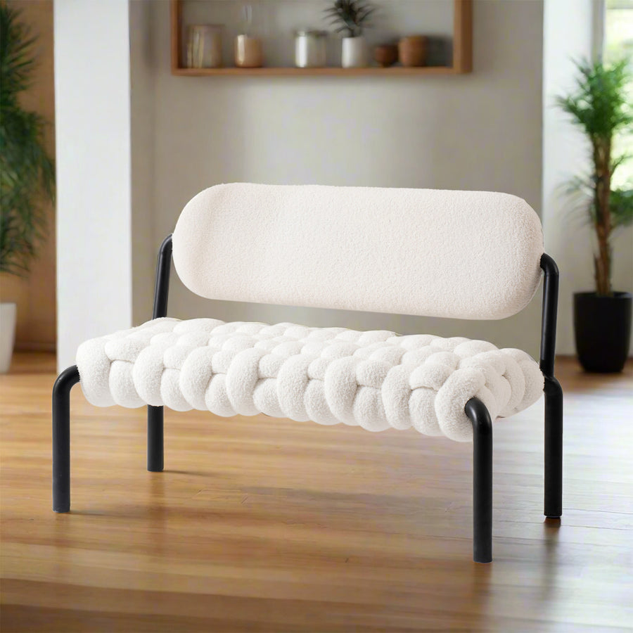 Cream boucle fabric dining bench souffle primary product view.