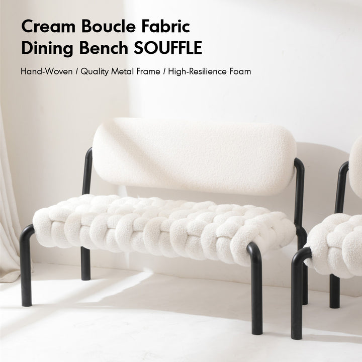 Cream boucle fabric dining bench souffle material variants.