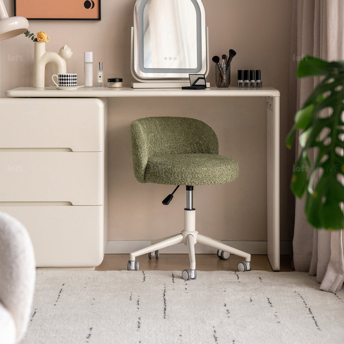 Cream boucle fabric office chair ins conceptual design.
