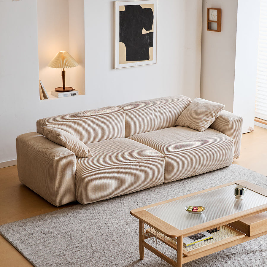 Cream corduroy velvet fabric 2 seater sofa square primary product view.