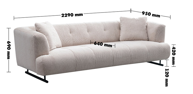 Cream Cotton Fabric 3 Seater Sofa VERDO Size Chart