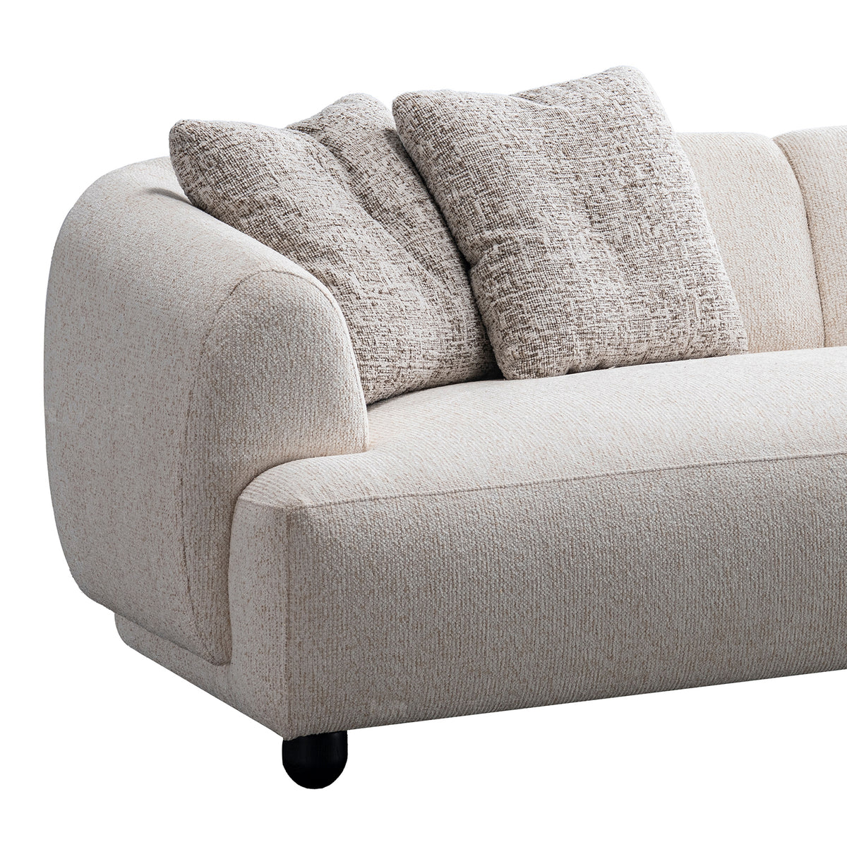 Cream mixed weave fabric 3 seater sofa puffy in close up details.