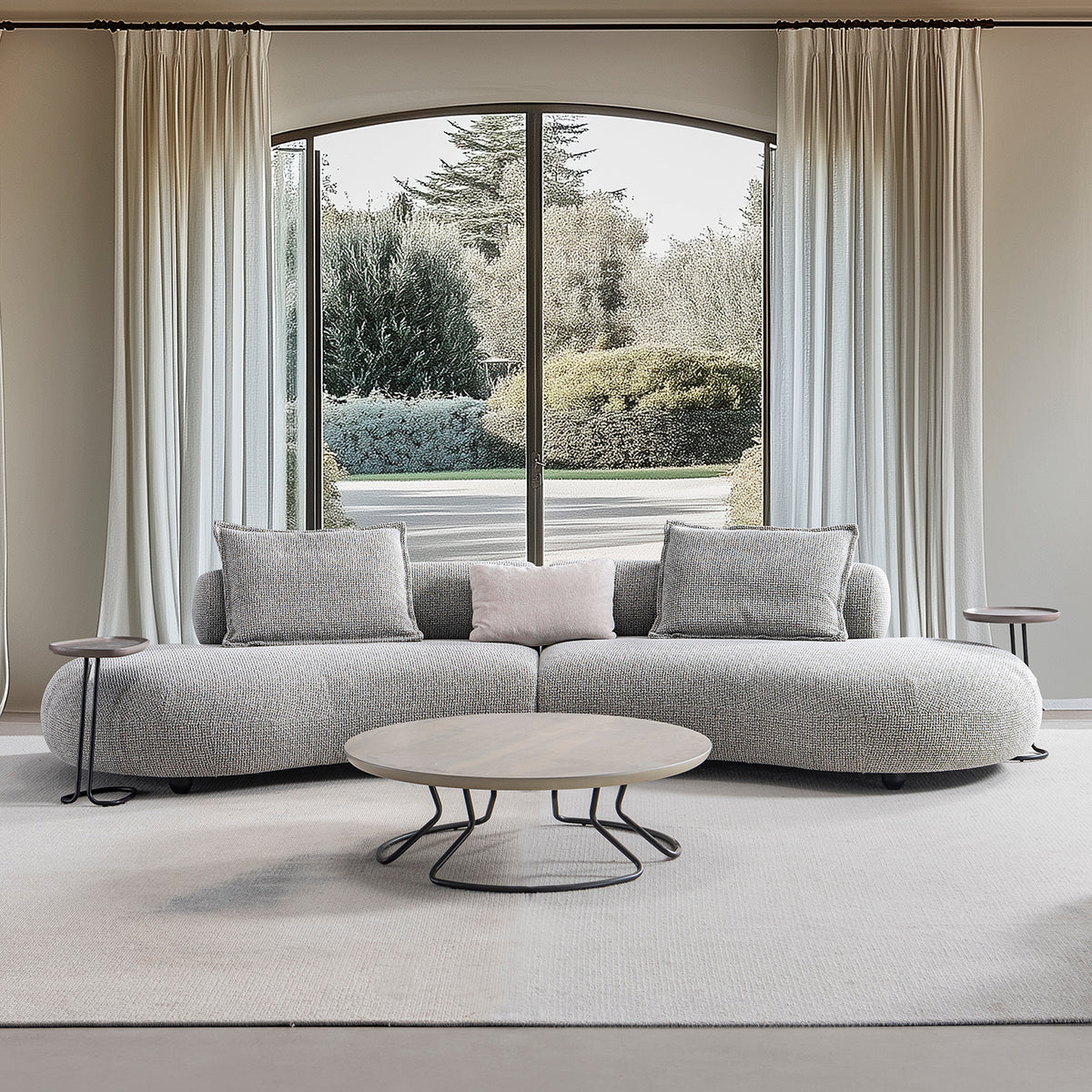 Cream mixed weave fabric 6 seater sofa curvo primary product view.