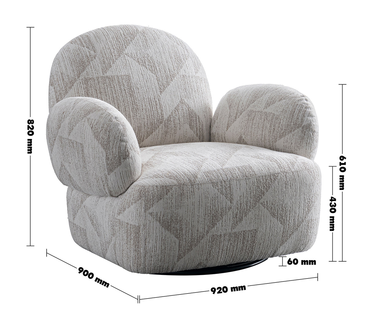 Cream Mixed Weave Fabric Revolving 1 Seater Sofa POMU Size Chart