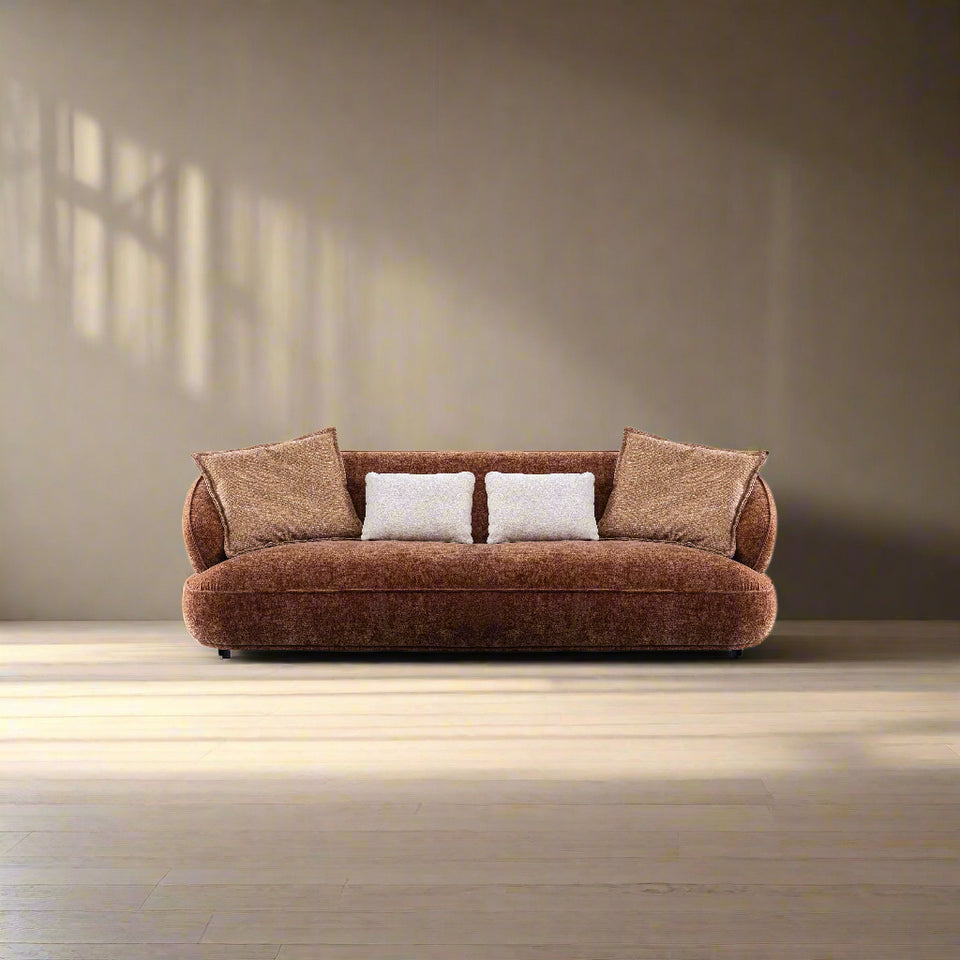 Cream velvet fabric 3 seater sofa cocoa color swatches.