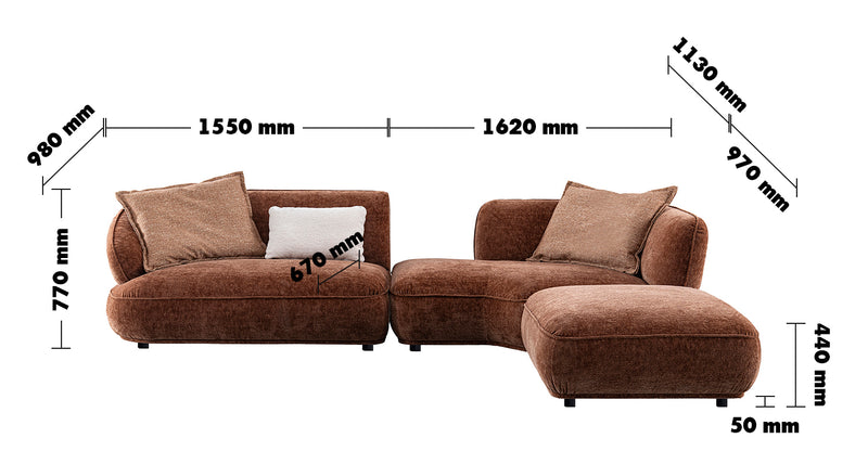 Cream Velvet Fabric L Shape Sectional Sofa COCOA 3+L Size Chart