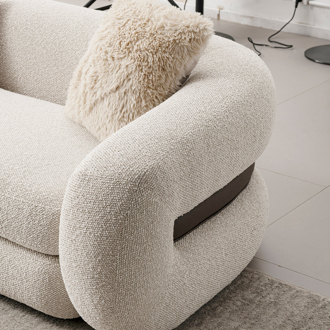 Cream boucle fabric 1 seater sofa curly in real life style.