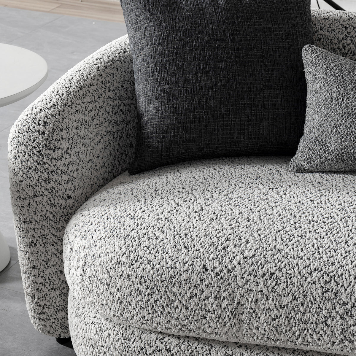Cream boucle fabric 3 seater sofa nova with context.