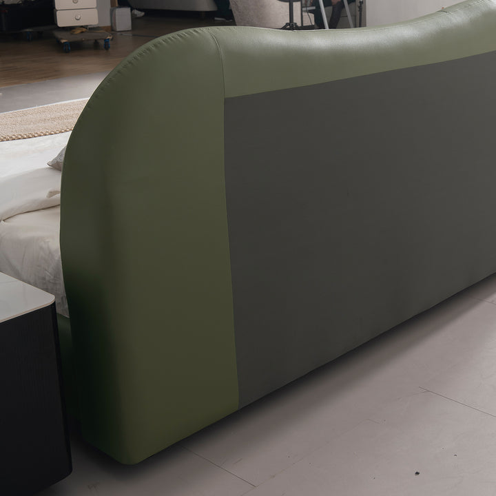 Cream genuine leather bed frame moyu in panoramic view.