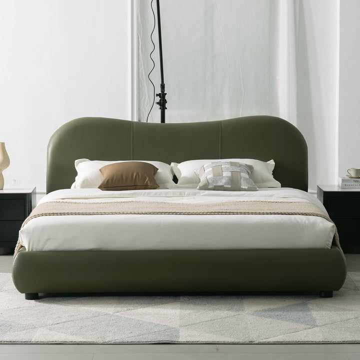 Cream genuine leather bed frame moyu in real life style.