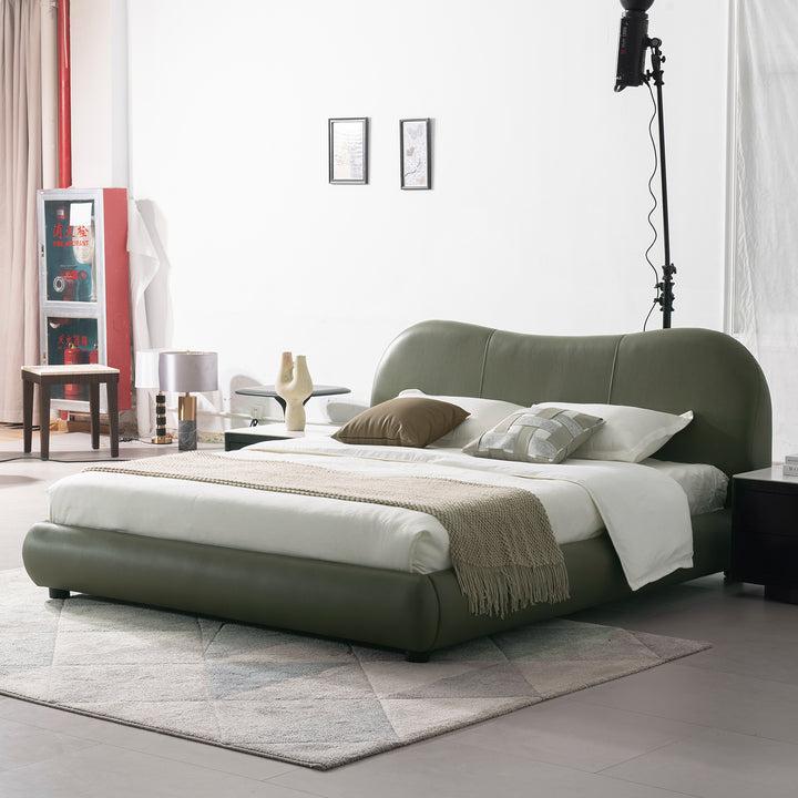 Cream genuine leather bed frame moyu with context.