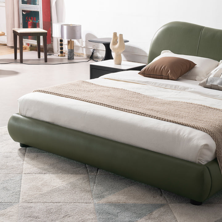 Cream genuine leather bed frame moyu in details.