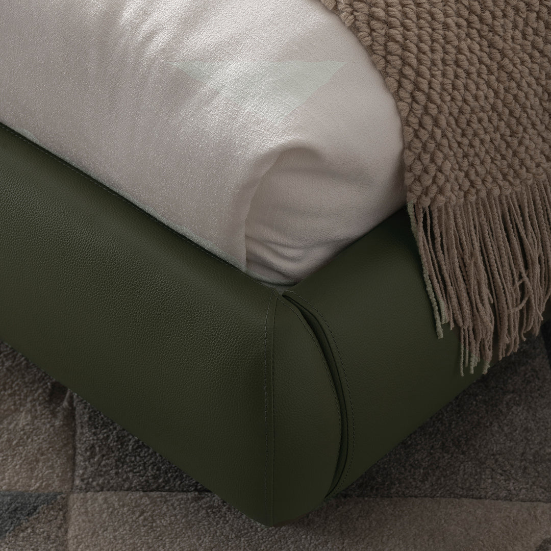 Cream genuine leather bed frame moyu in close up details.