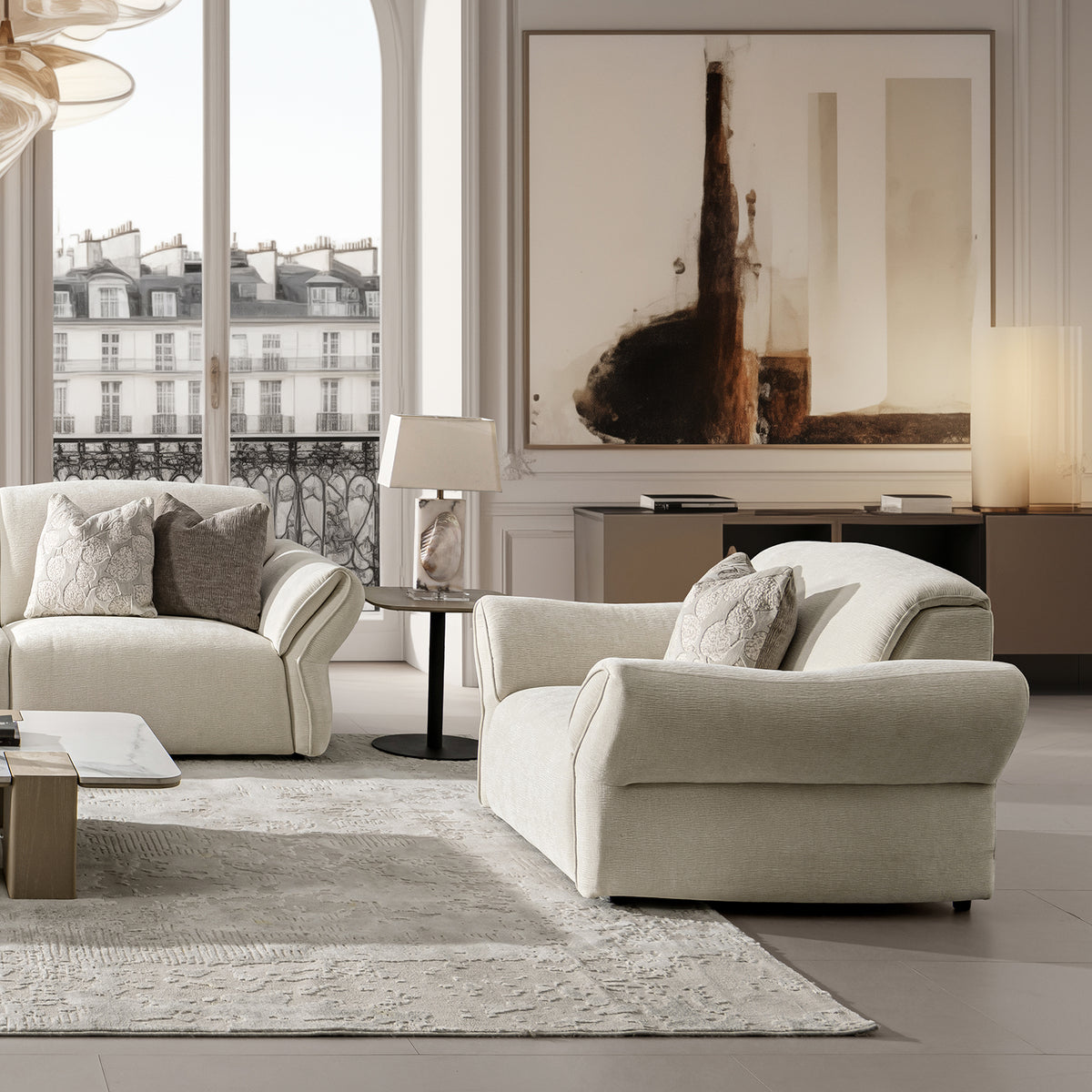 Cream mixed weave fabric 1 seater sofa lunar with context.