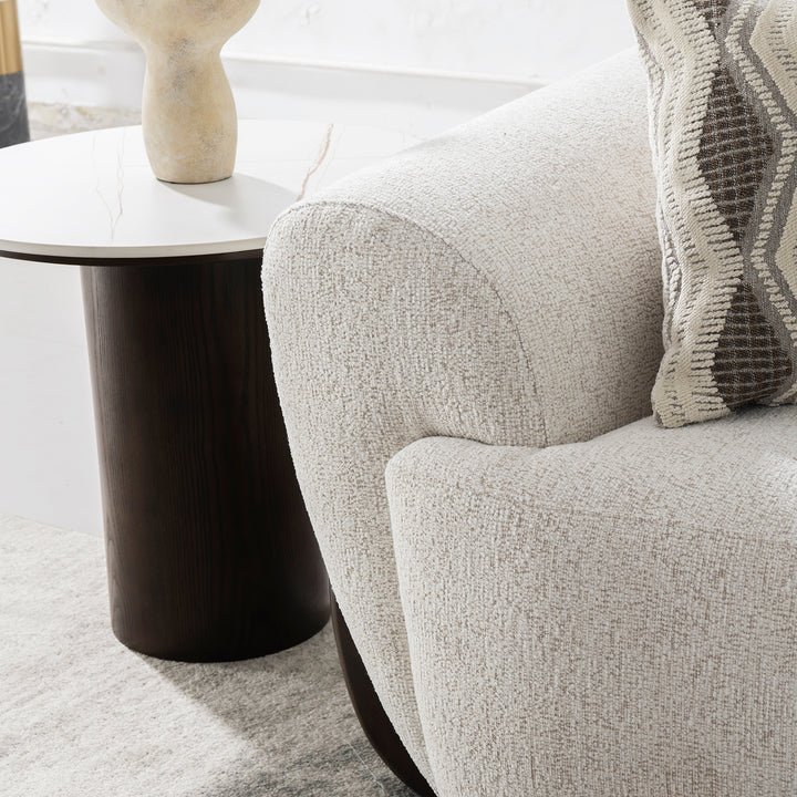 Cream mixed weave fabric 1 seater sofa swoop in real life style.