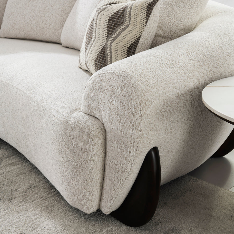 Cream mixed weave fabric 1 seater sofa swoop with context.