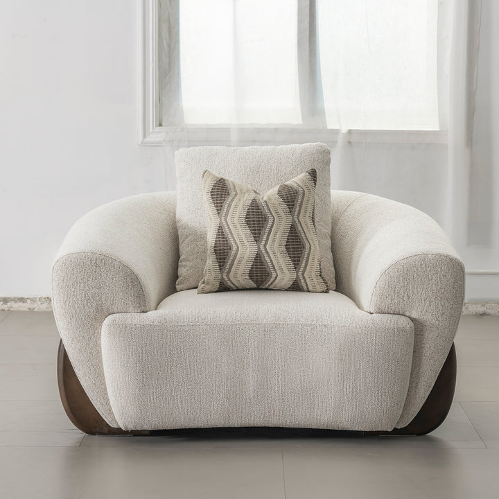Cream mixed weave fabric 1 seater sofa swoop in details.
