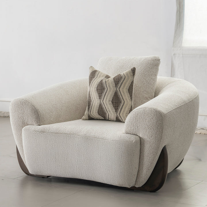 Cream mixed weave fabric 1 seater sofa swoop in close up details.