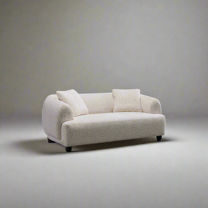 Cream mixed weave fabric 2 seater sofa puffy color swatches.