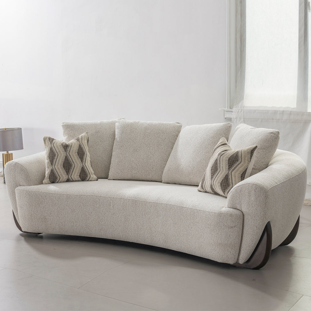 Cream mixed weave fabric 3 seater sofa swoop in panoramic view.