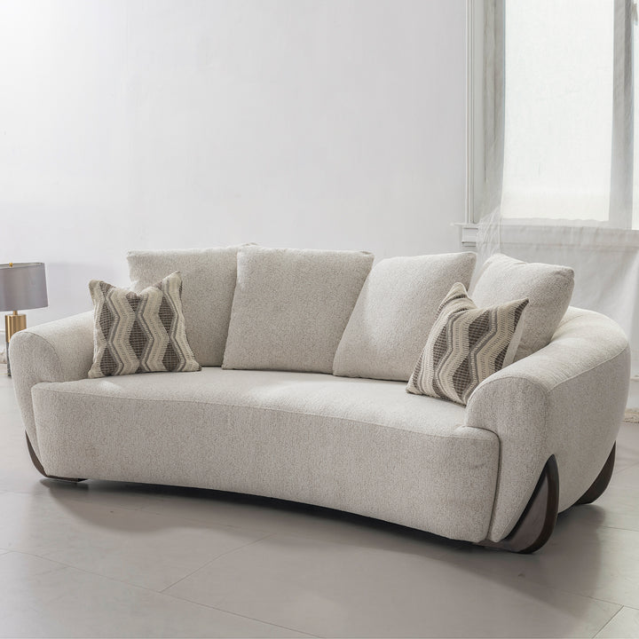 Cream mixed weave fabric 3 seater sofa swoop in panoramic view.