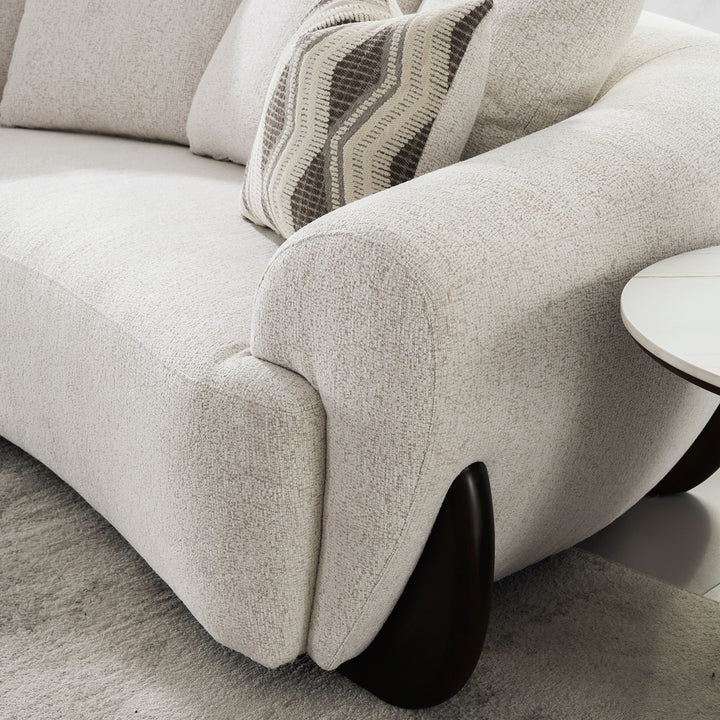 Cream mixed weave fabric 3 seater sofa swoop with context.