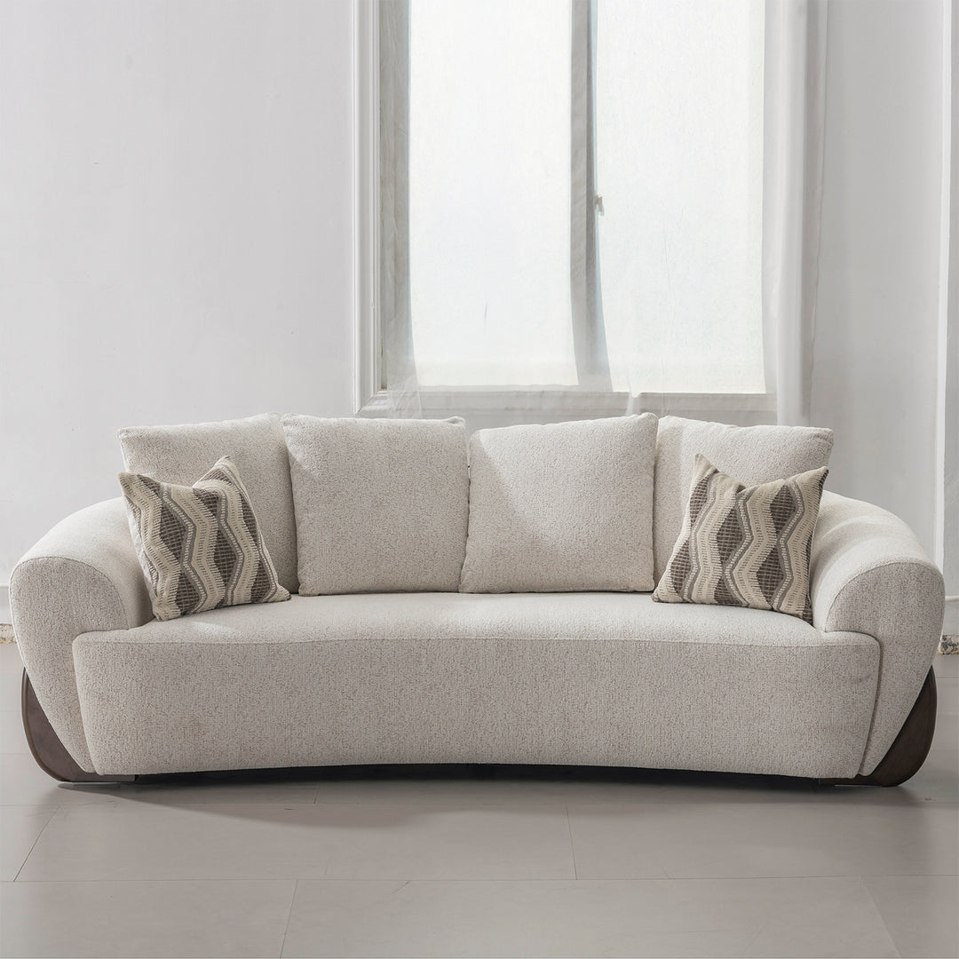 Cream mixed weave fabric 3 seater sofa swoop in close up details.