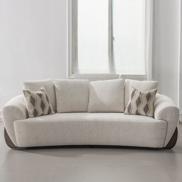 Cream mixed weave fabric 3 seater sofa swoop in close up details.