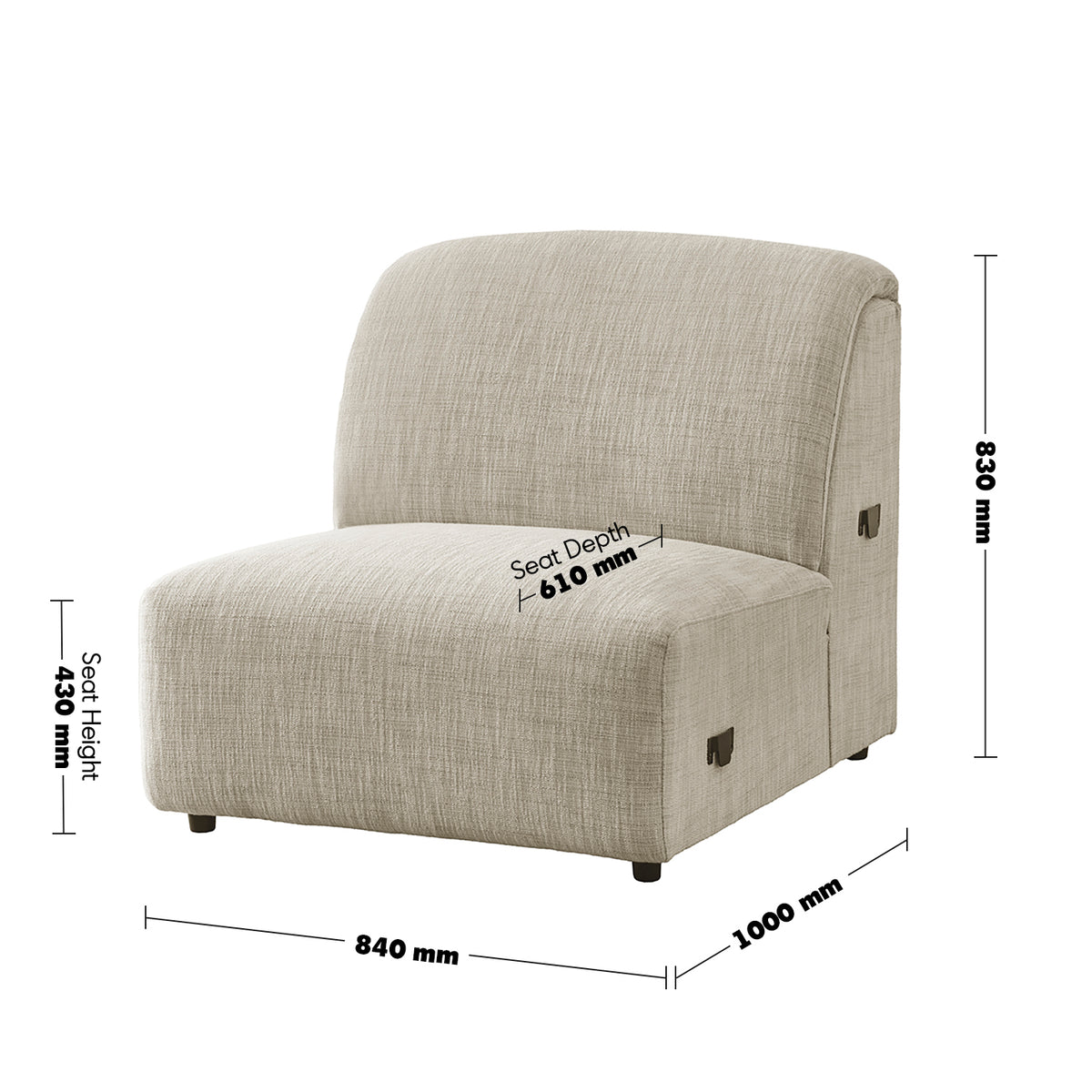 Cream Mixed Weave Fabric Modular Armless 1 Seater Sofa LUNAR Size Chart