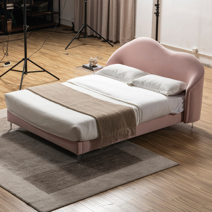 Cream velvet fabric bed frame lula in panoramic view.