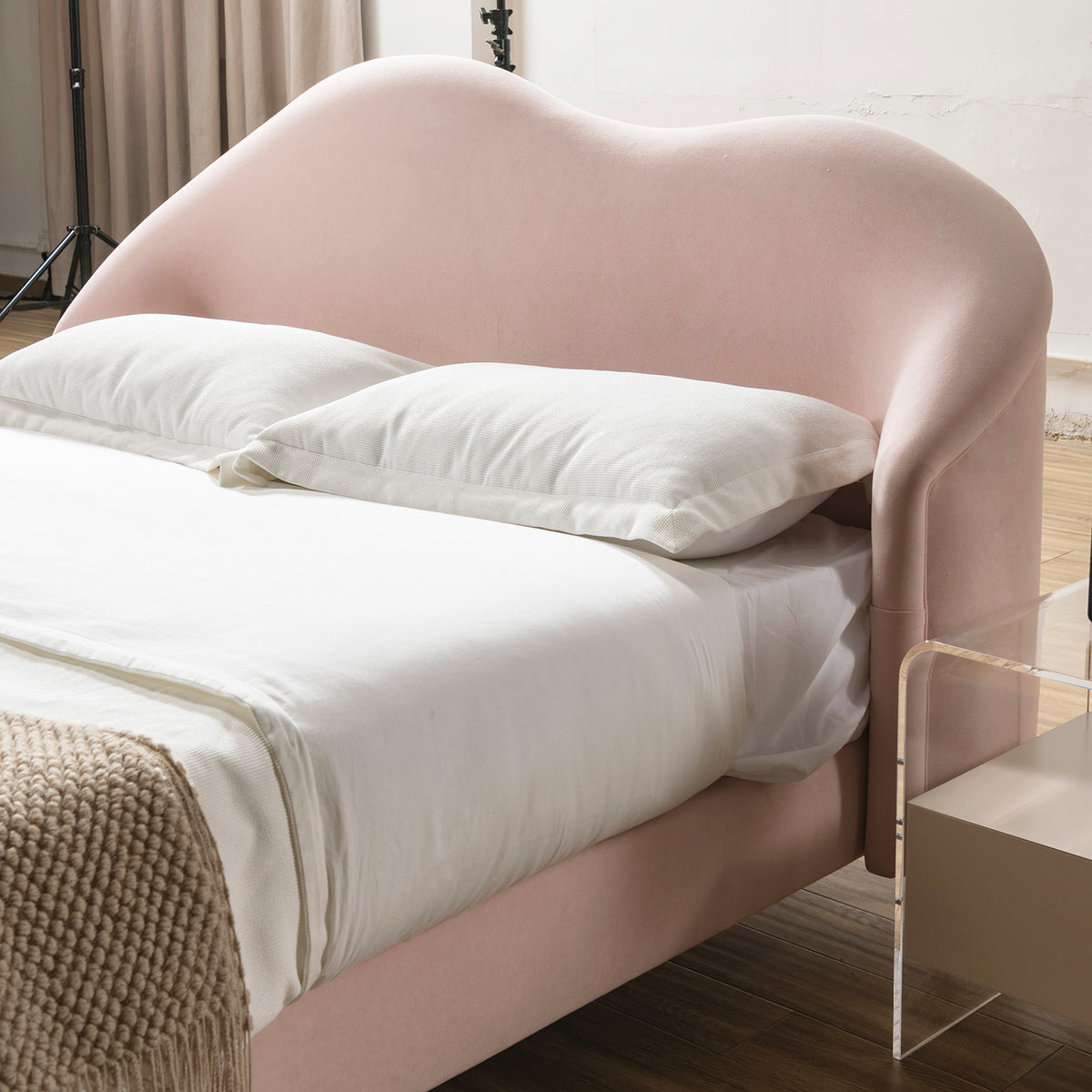 Cream velvet fabric bed frame lula with context.