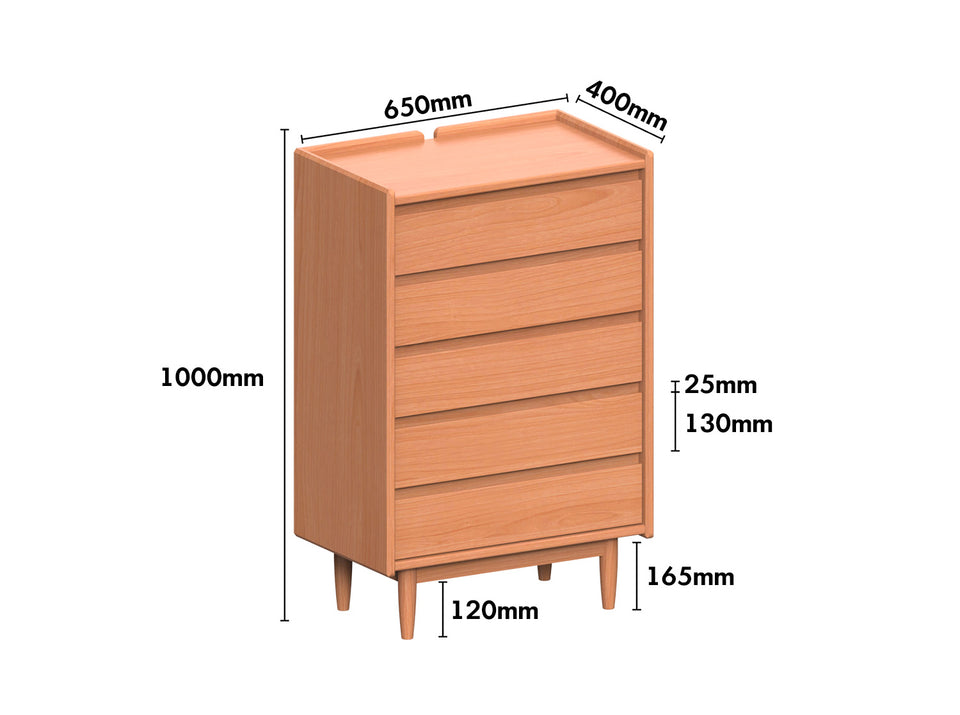 Scandinavian Cherry Wood Chest Of 5 Drawers VISTA Size Chart