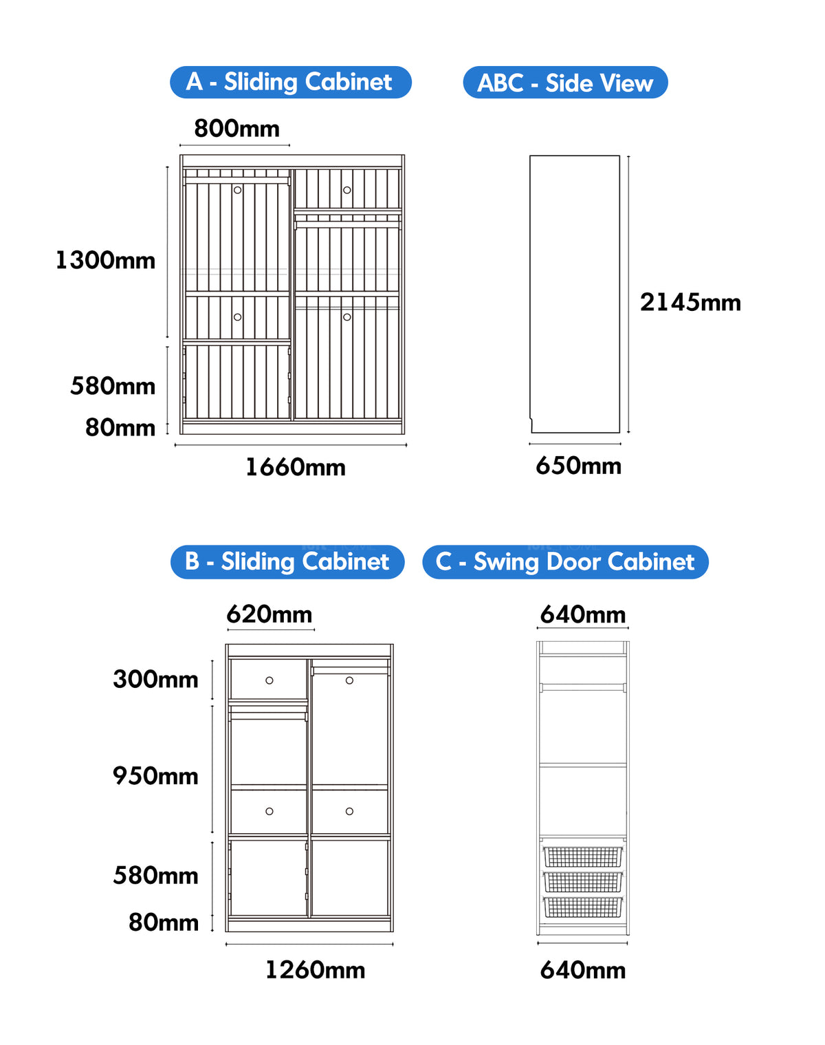 Scandinavian Cherry Wood Sliding Door Wardrobe NAVA Size Chart