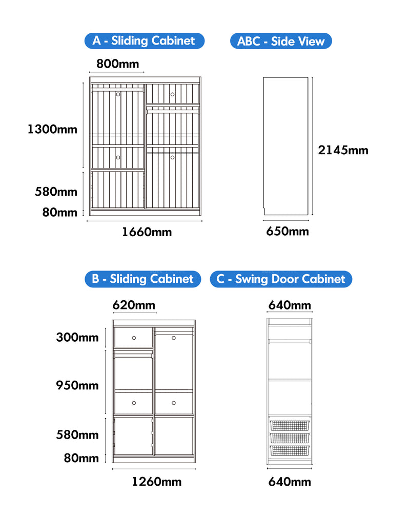 Scandinavian Cherry Wood Sliding Door Wardrobe NAVA Size Chart