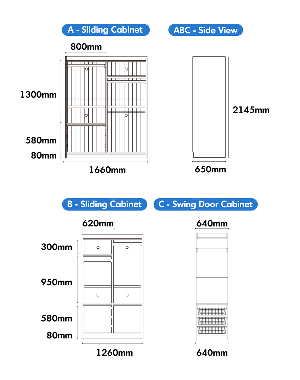 Scandinavian Cherry Wood Sliding Door Wardrobe NAVA Size Chart