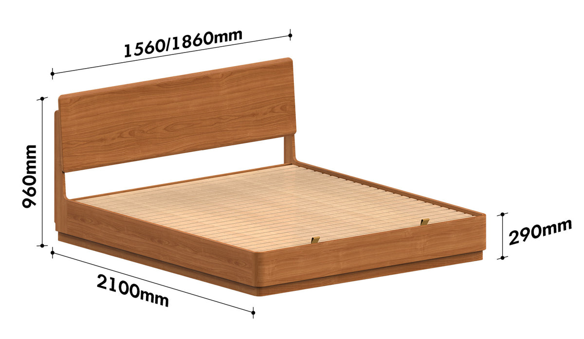 Scandinavian Cherry Wood Lift-Up Storage Bed SQUARE BOX Size Chart