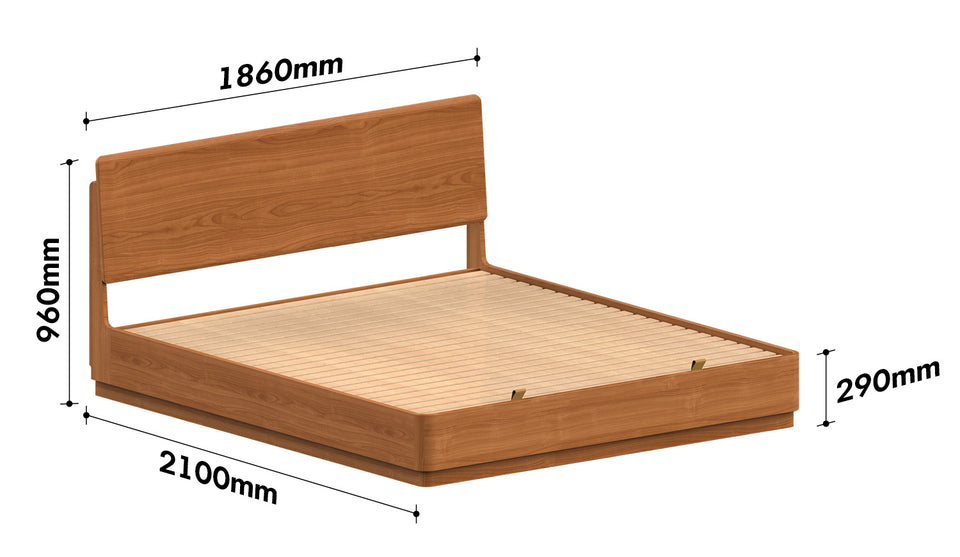 Scandinavian Cherry Wood Lift-Up Storage Bed SQUARE BOX Size Chart