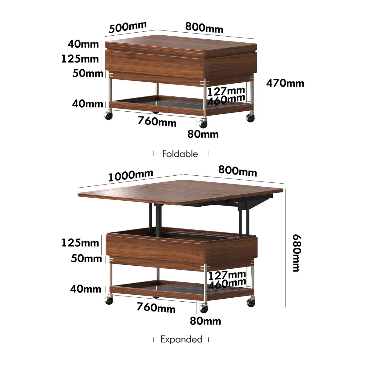 Wooden table with dimensions labeled on a white background