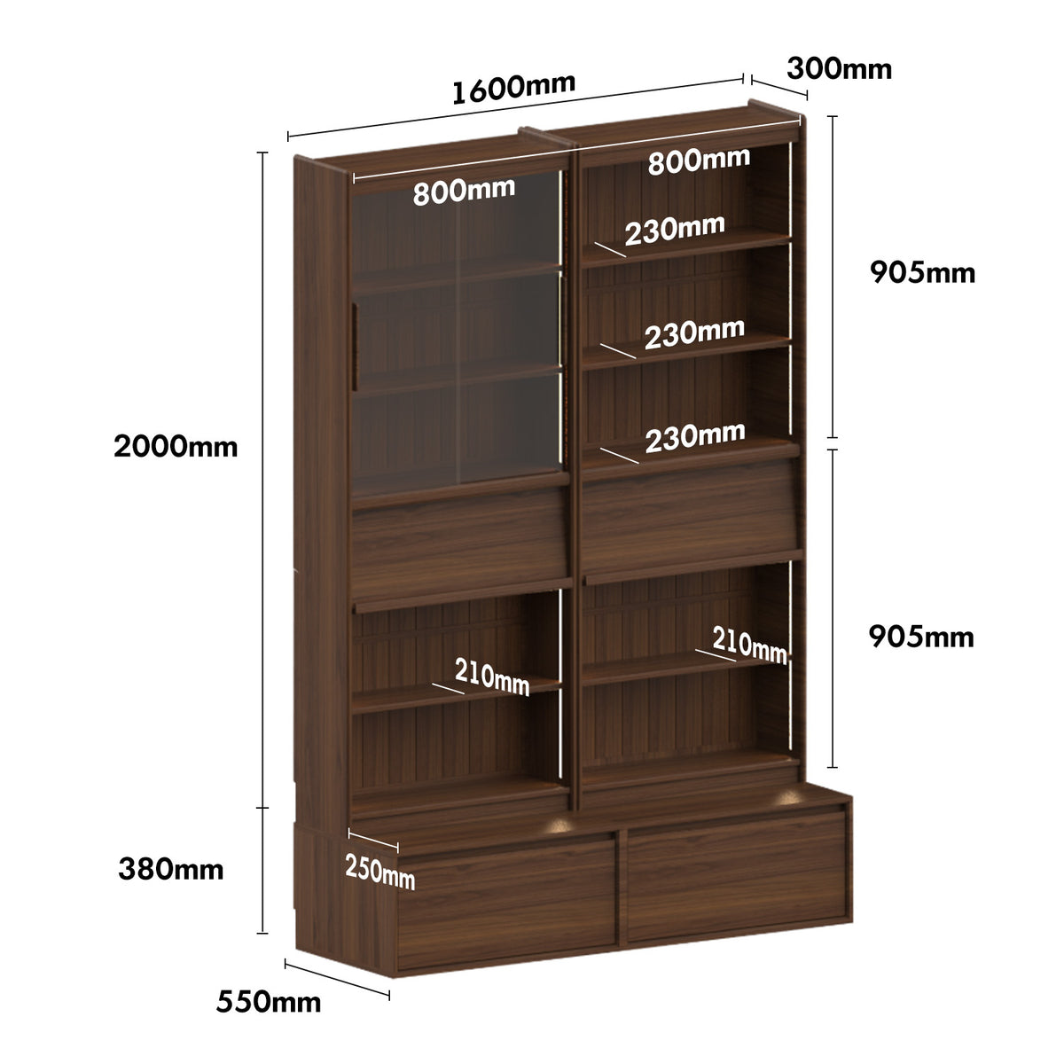 Japandi Walnut Wood Bookshelf VISTA Size Chart