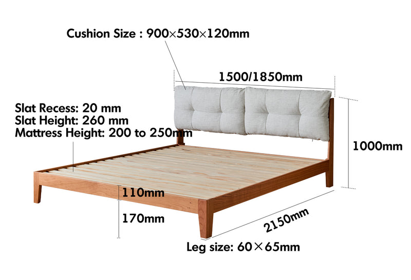 Scandinavian Cherry Wood Cotton Fabric Bed SERENE Size Chart