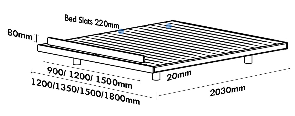 Scandinavian Cherry Wood Platform Bed SMALL Size Chart