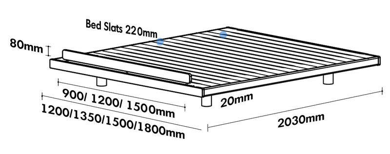 Scandinavian Cherry Wood Platform Bed SMALL Size Chart