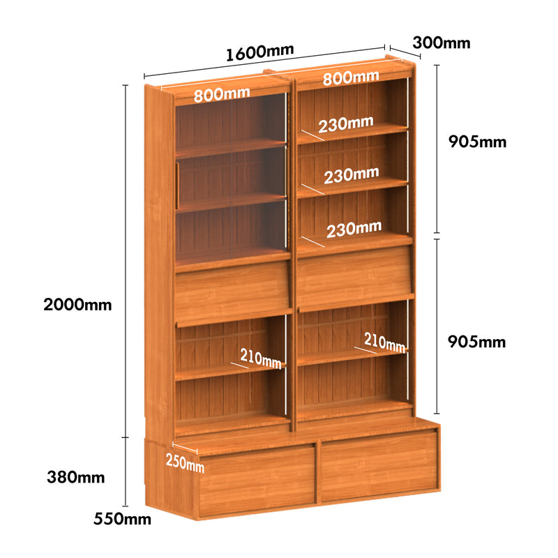 Scandinavian Cherry Wood Bookshelf VISTA Size Chart
