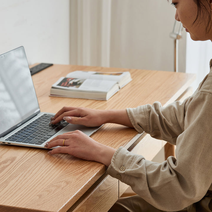 Scandinavian oak wood dressing table floating size charts.