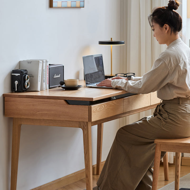 Scandinavian oak wood dressing table floating with context.